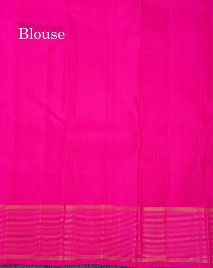 Beautiful Dual Tone Orange Zari Butta Pure Kanjivaram Silk Saree With Contrast Magenta Pink Vaira Oosi Lines With Butta Traditional Border
