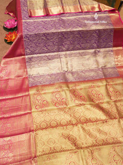 Light Lavender Colour Pure Kanjivaram Silk Saree With Contrast Long Pink Border
