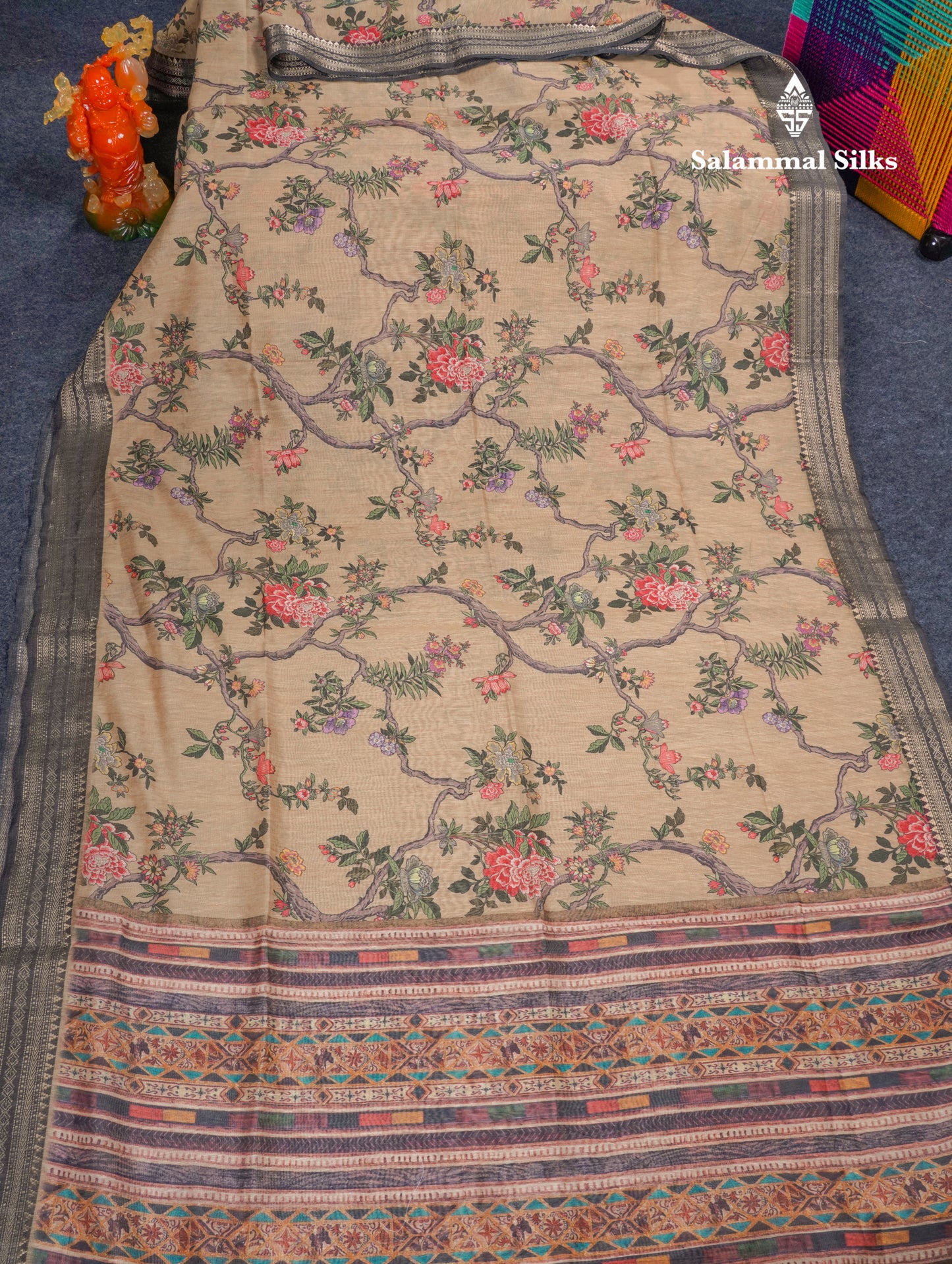 Grey Chanderi Mixed Cotton Saree With Contrast Black Banarasi Border