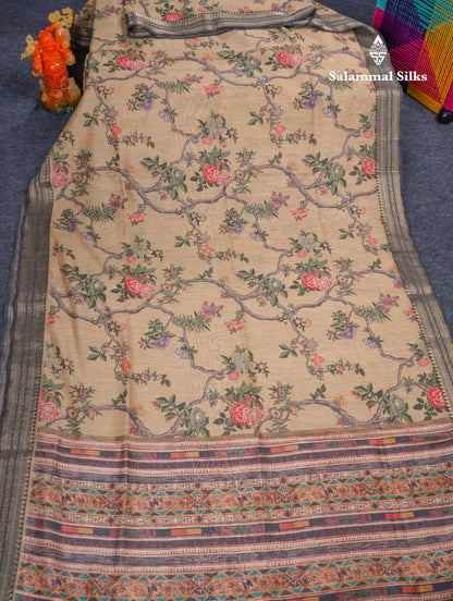 Grey Chanderi Mixed Cotton Saree With Contrast Black Banarasi Border