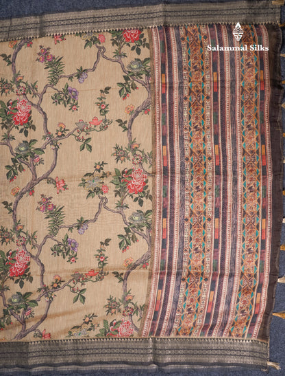 Grey Chanderi Mixed Cotton Saree With Contrast Black Banarasi Border