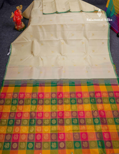 Beautiful Cream Twin Bird Butta Pure Kanjivaram Silk Saree With Contrast Paalum Pazham Checks Blouse