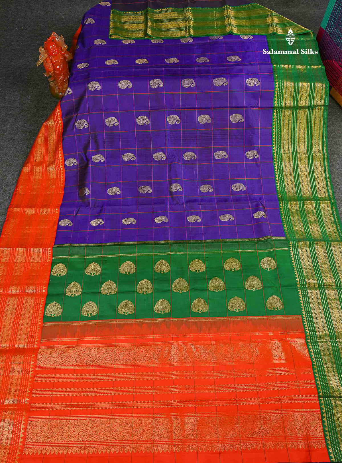 Korvai Pure Kanjivaram Silk Saree - Violet Colour Body Checks With Mango Butta & Ganga Jamuna Traditional Border
