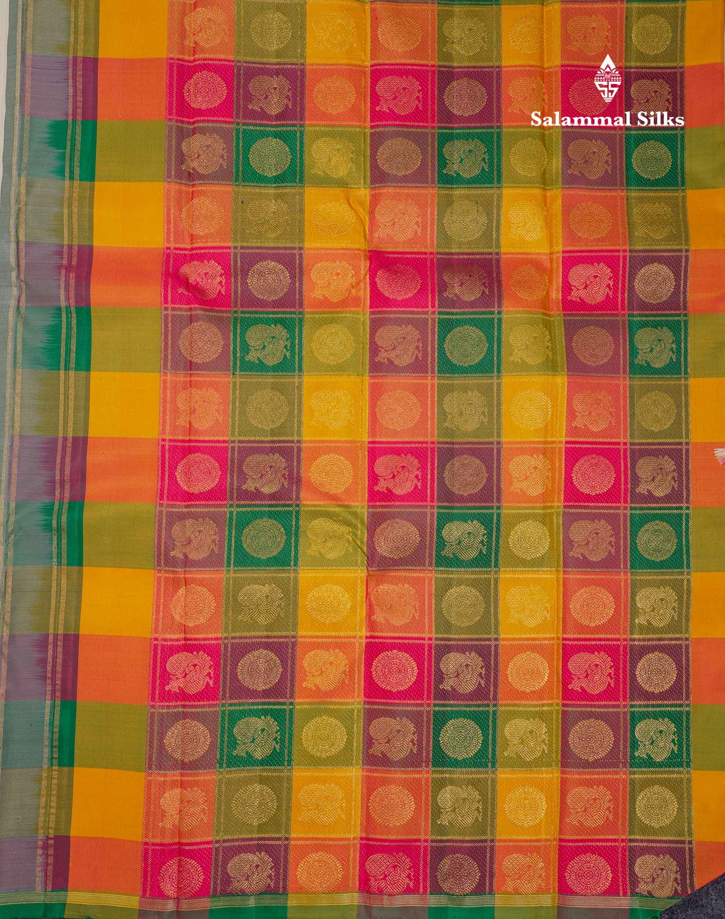 Beautiful Cream Twin Bird Butta Pure Kanjivaram Silk Saree With Contrast Paalum Pazham Checks Blouse