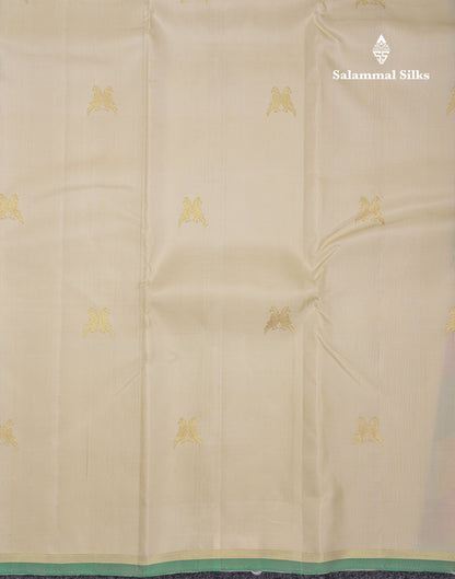 Beautiful Cream Twin Bird Butta Pure Kanjivaram Silk Saree With Contrast Paalum Pazham Checks Blouse