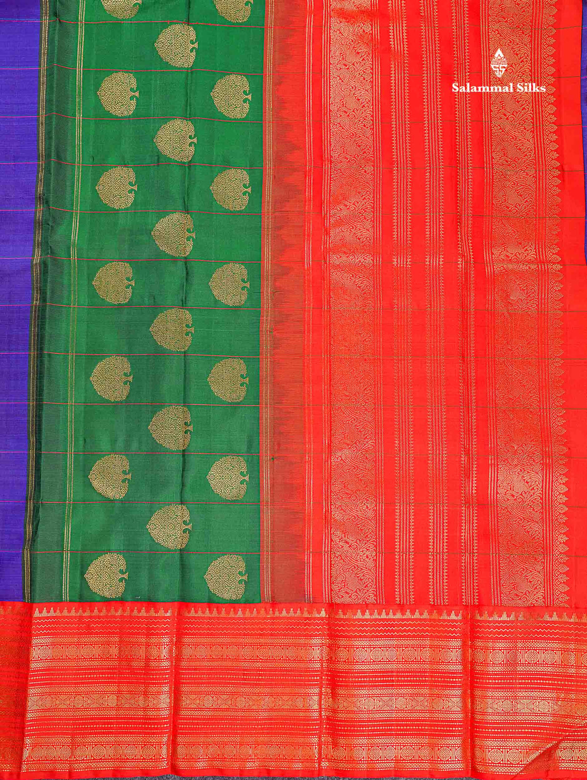 Korvai Pure Kanjivaram Silk Saree - Violet Colour Body Checks With Mango Butta & Ganga Jamuna Traditional Border