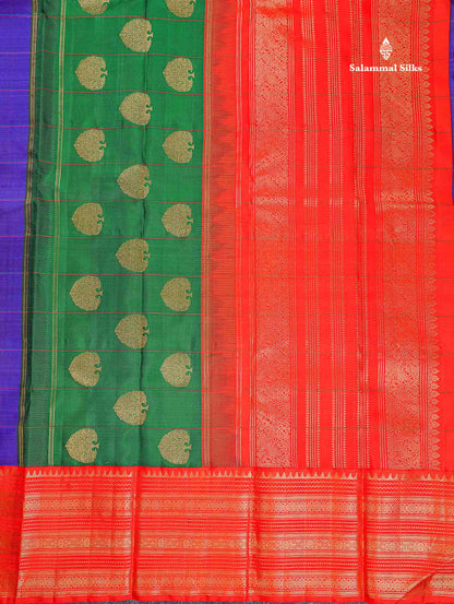Korvai Pure Kanjivaram Silk Saree - Violet Colour Body Checks With Mango Butta & Ganga Jamuna Traditional Border