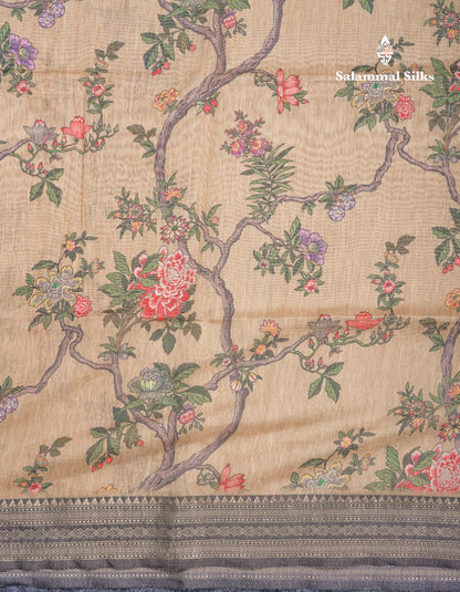 Grey Chanderi Mixed Cotton Saree With Contrast Black Banarasi Border