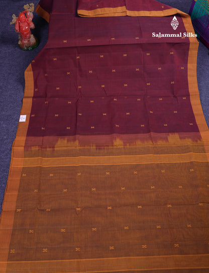 Beautiful Dark Maroon Thread Work Butta Handloom Pure Cotton Saree With Contrast Mustard Yellow Blouse