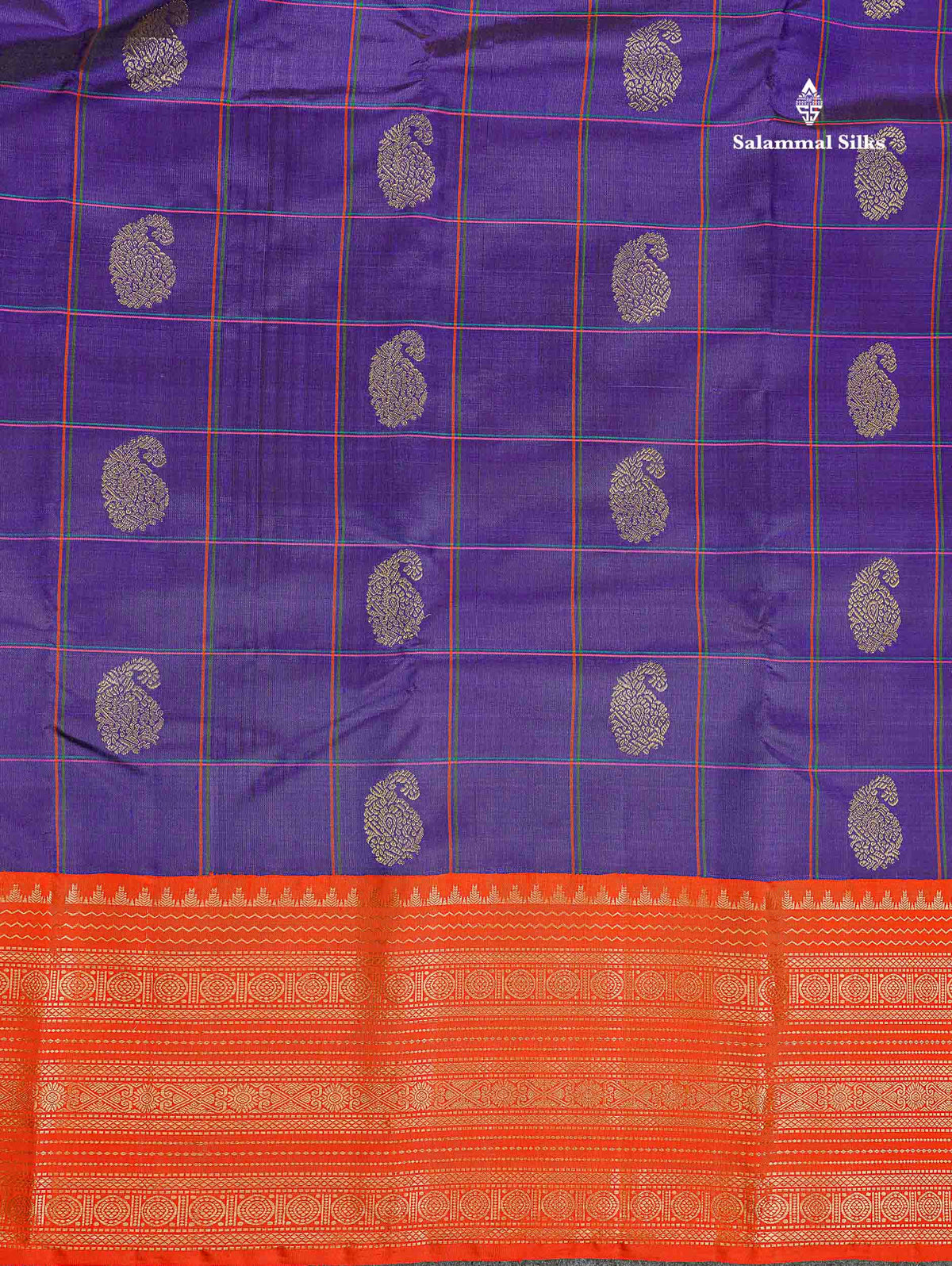 Korvai Pure Kanjivaram Silk Saree - Violet Colour Body Checks With Mango Butta & Ganga Jamuna Traditional Border