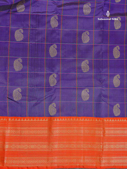 Korvai Pure Kanjivaram Silk Saree - Violet Colour Body Checks With Mango Butta & Ganga Jamuna Traditional Border