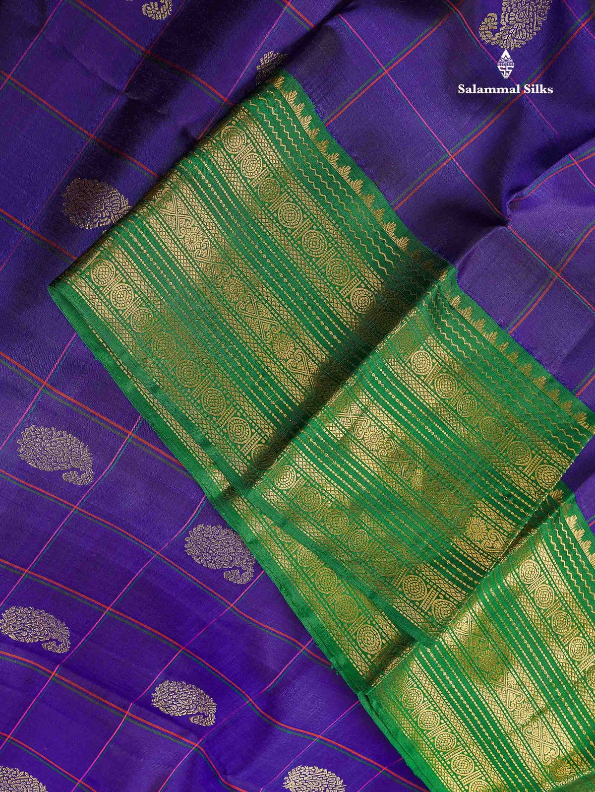Korvai Pure Kanjivaram Silk Saree - Violet Colour Body Checks With Mango Butta & Ganga Jamuna Traditional Border