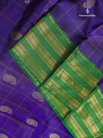 Korvai Pure Kanjivaram Silk Saree - Violet Colour Body Checks With Mango Butta & Ganga Jamuna Traditional Border