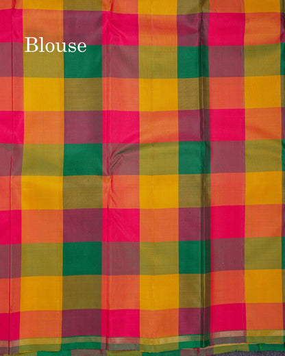 Beautiful Cream Twin Bird Butta Pure Kanjivaram Silk Saree With Contrast Paalum Pazham Checks Blouse