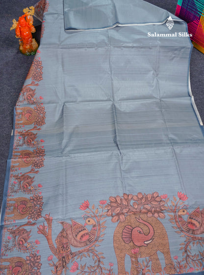 Grey Semi Tussar Fancy Saree With Floral Print Blouse