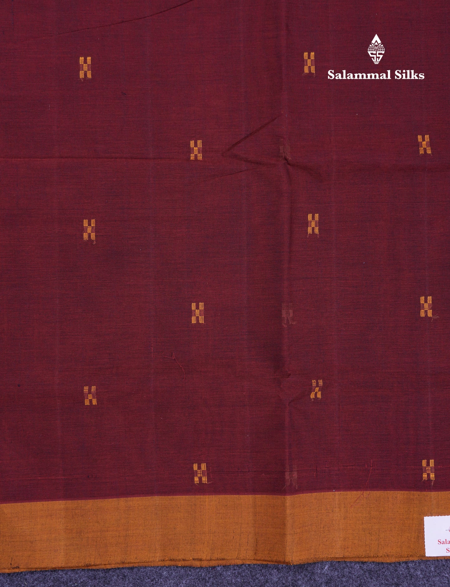 Beautiful Dark Maroon Thread Work Butta Handloom Pure Cotton Saree With Contrast Mustard Yellow Blouse
