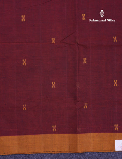 Beautiful Dark Maroon Thread Work Butta Handloom Pure Cotton Saree With Contrast Mustard Yellow Blouse