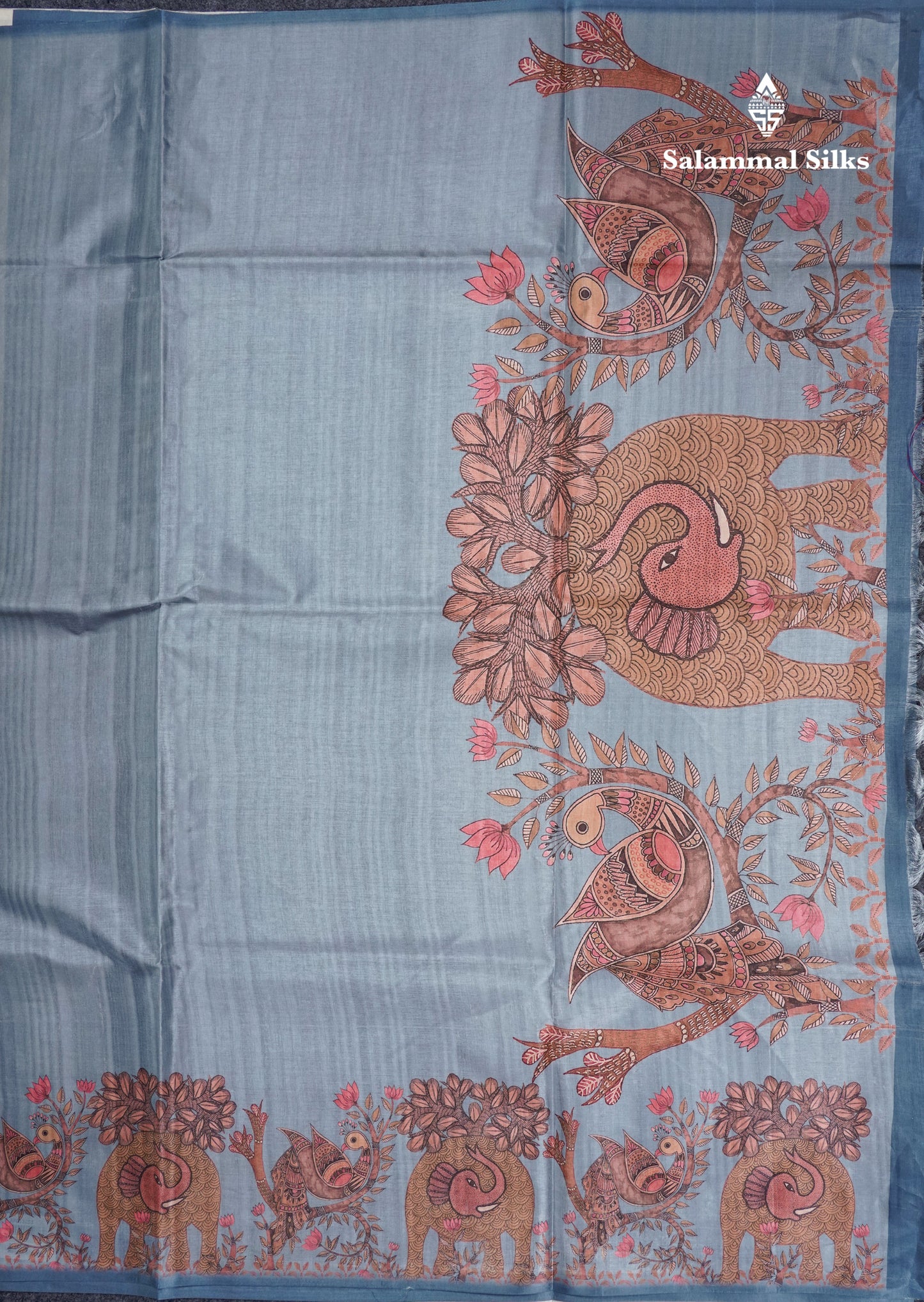 Grey Semi Tussar Fancy Saree With Floral Print Blouse