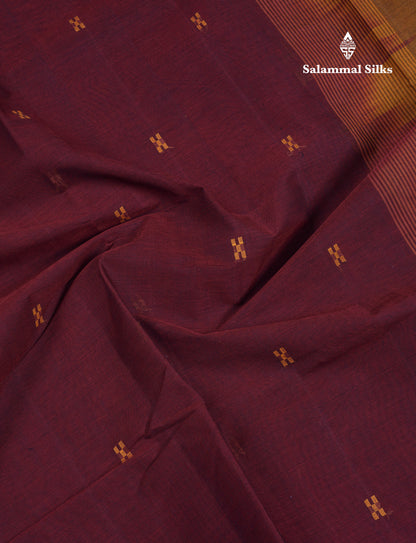 Beautiful Dark Maroon Thread Work Butta Handloom Pure Cotton Saree With Contrast Mustard Yellow Blouse
