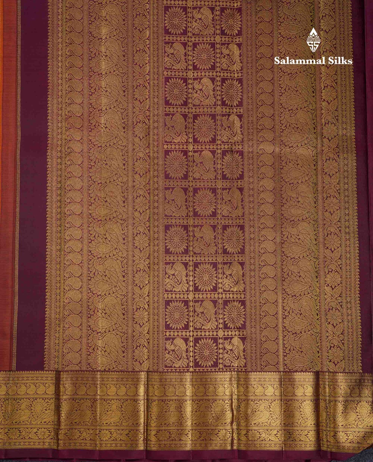 Beautiful Rust Orange Chakaram & Peacock Butta Pure Kanjivaram Silk Saree With Contrast Dark Brown Traditional Border