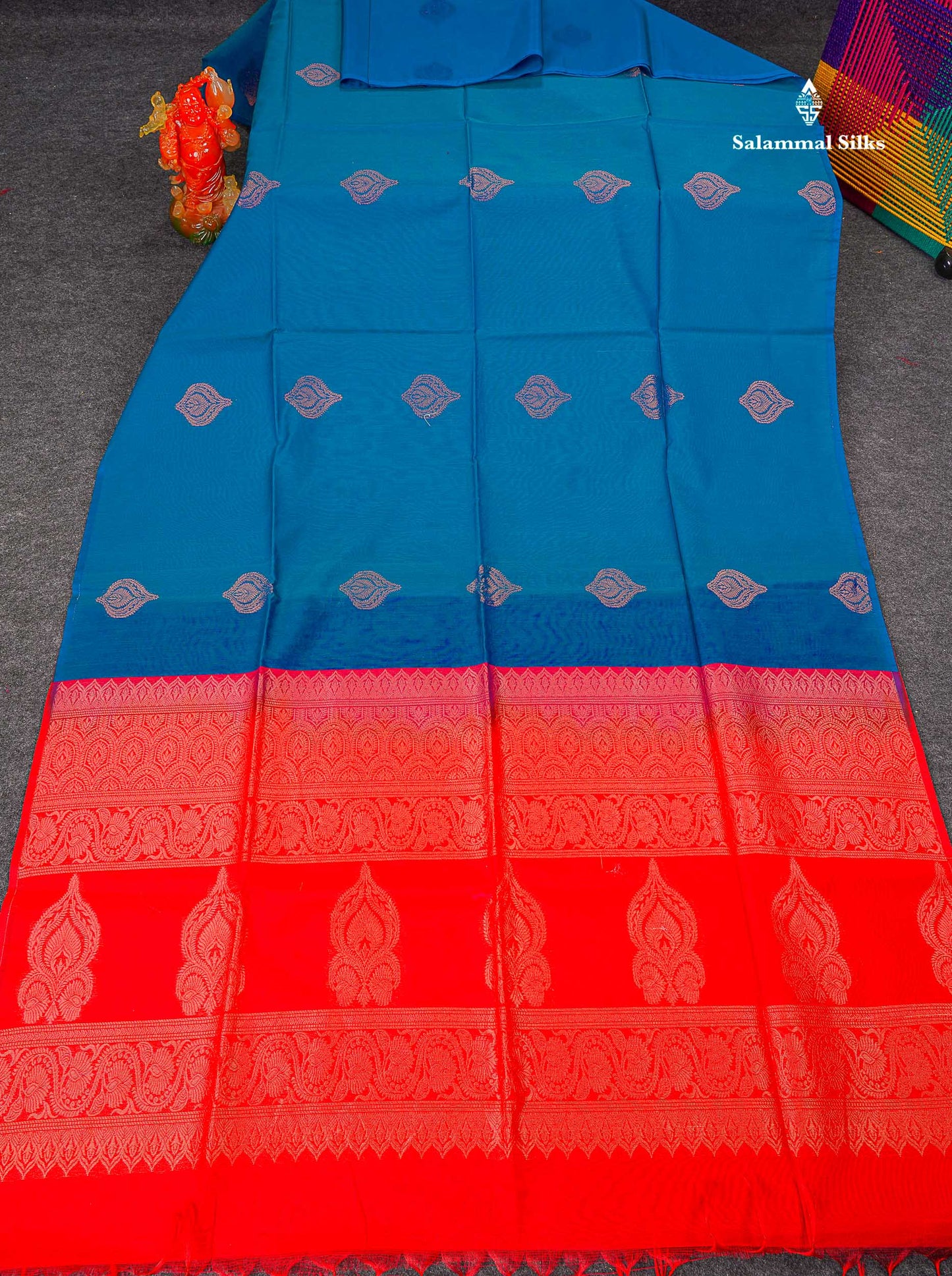 SICO Cotton Saree - Peacock Blue Colour Body Zari Butta With Contrast Red Blouse