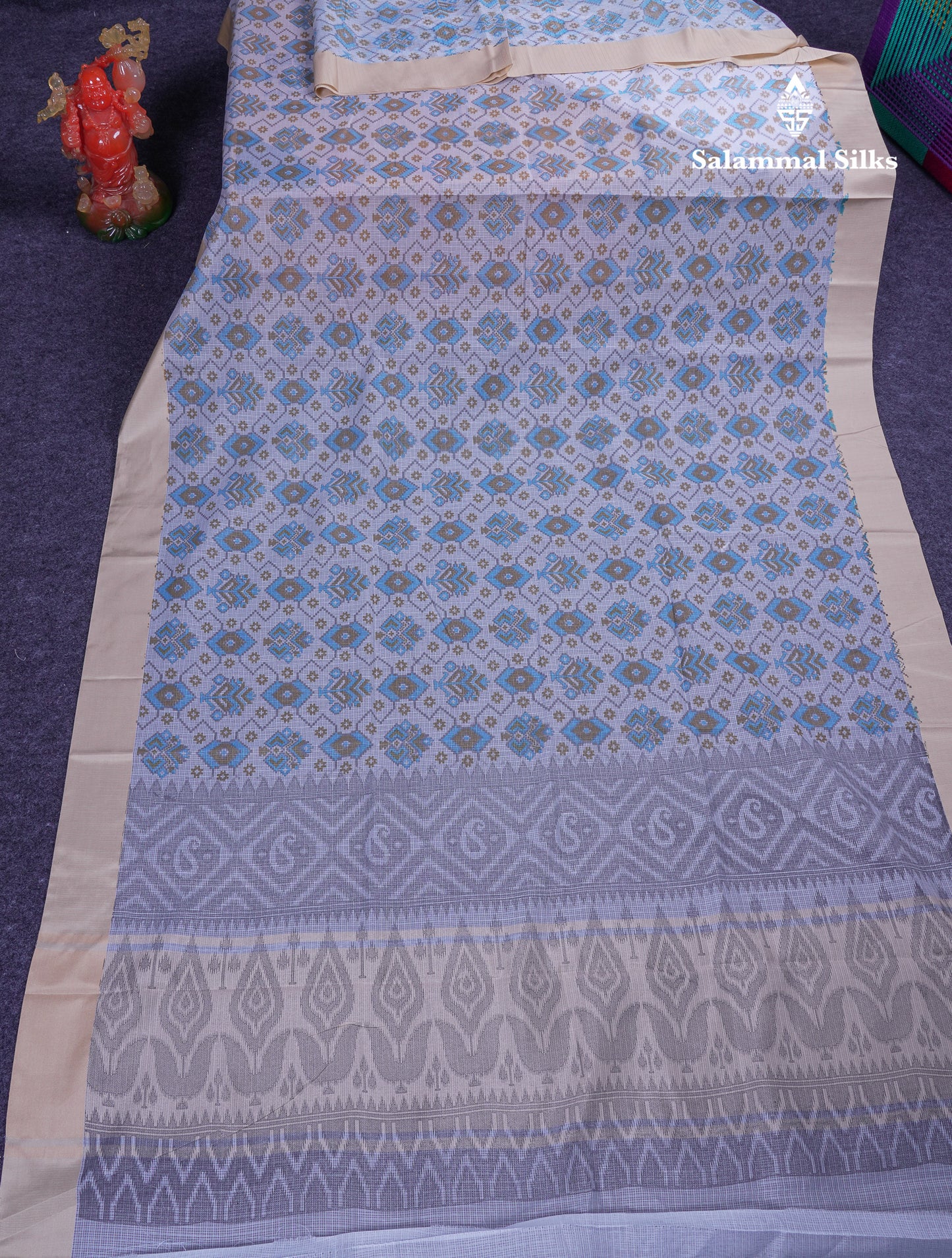 Beautiful Light Blue Kota Cotton Fancy Saree With Contrast Cream Sandal Border