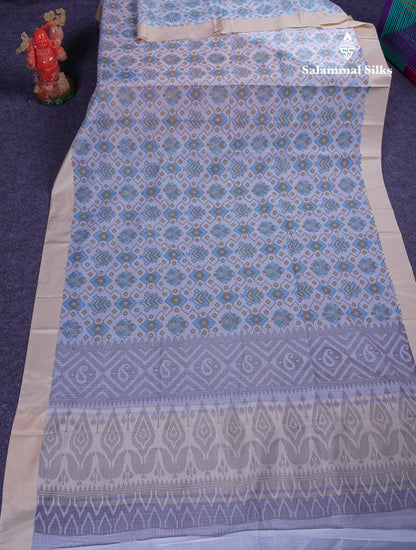 Beautiful Light Blue Kota Cotton Fancy Saree With Contrast Cream Sandal Border