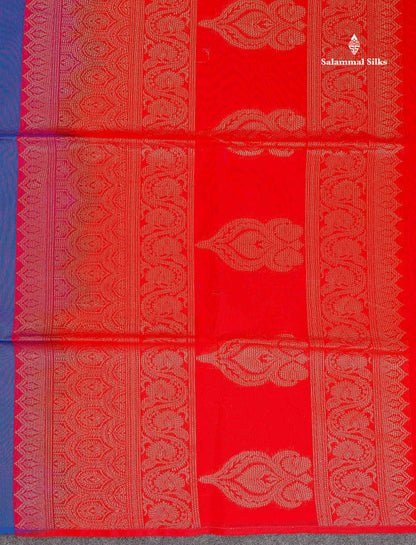 SICO Cotton Saree - Peacock Blue Colour Body Zari Butta With Contrast Red Blouse