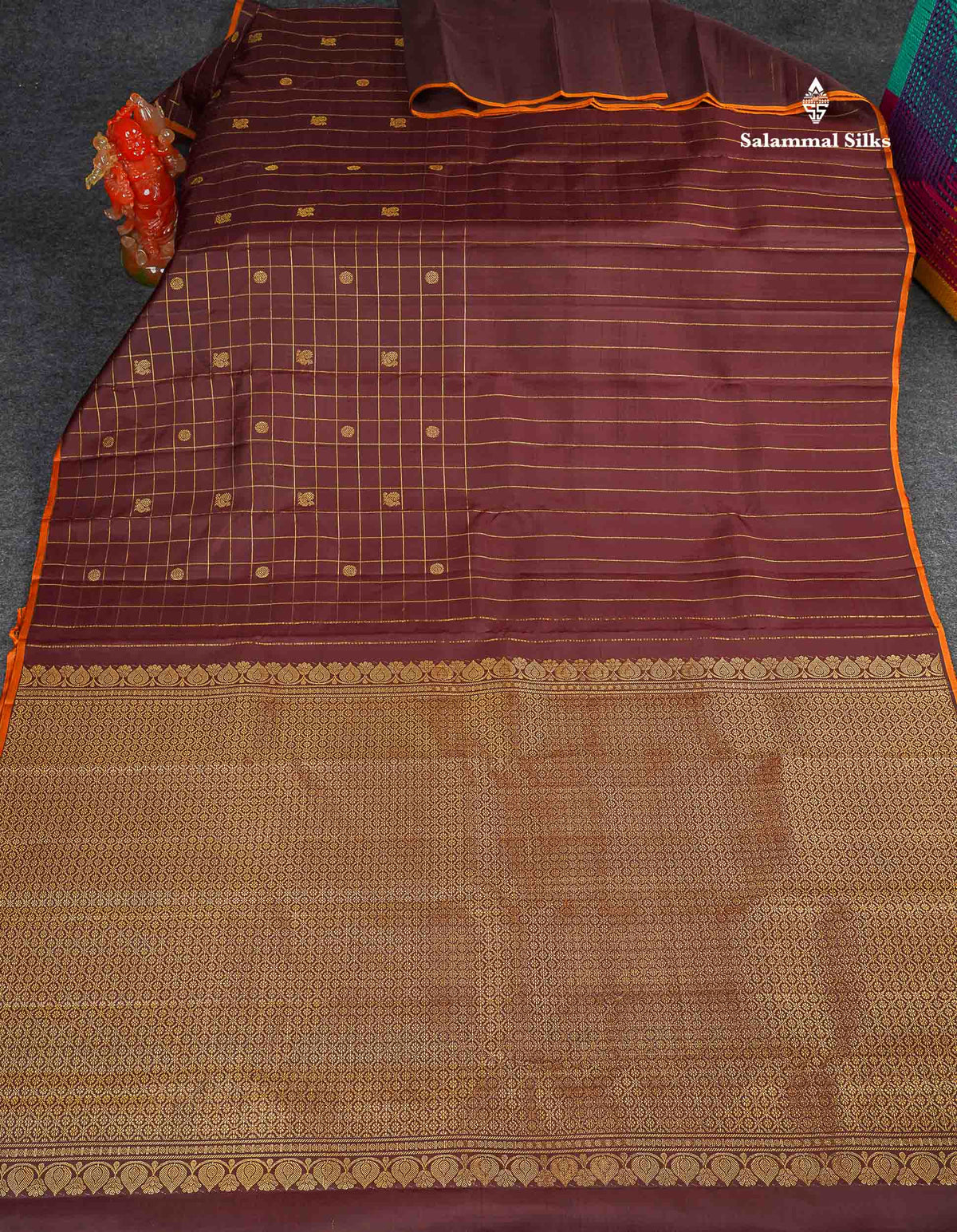 Pure Kanjivaram Silk Saree - Dark Maroon Colour Body Checks With Traditional Butta & Blouse