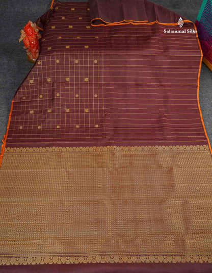 Pure Kanjivaram Silk Saree - Dark Maroon Colour Body Checks With Traditional Butta & Blouse