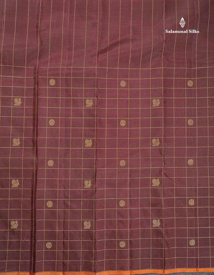 Pure Kanjivaram Silk Saree - Dark Maroon Colour Body Checks With Traditional Butta & Blouse