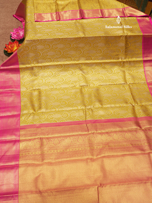 Gold Colour Pure Kanjivaram Tissue Silk Saree With Contrast Pink Border