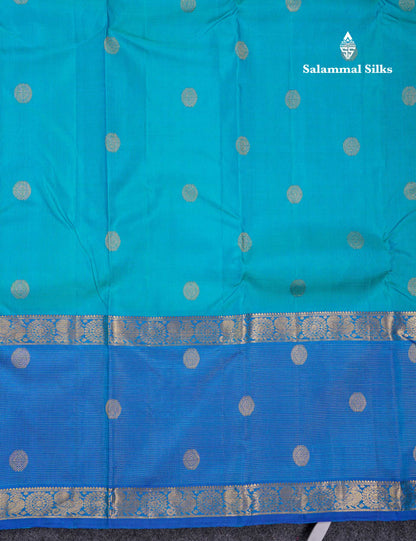Beautiful Light Ramar Blue Pure Kanjivaram Silk Saree With Contrast Anandha Blue Traditional Vaira Oosi With Butta Long Border