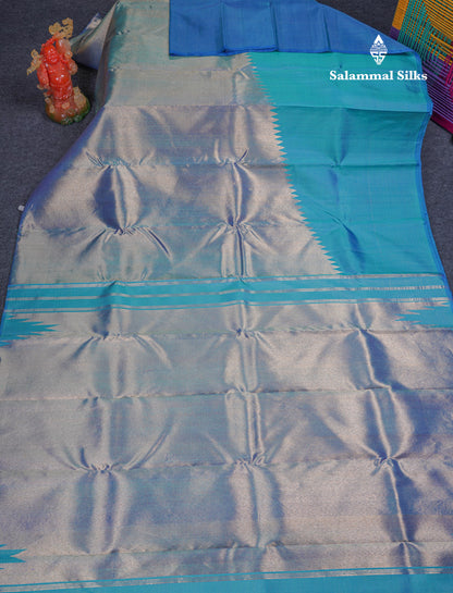 Beautiful Dual Tone Peacock Blue 8 Kol Pure Kanjivaram Silk Saree With Traditional Tissue Raising Border