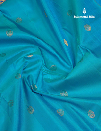 Beautiful Light Ramar Blue Pure Kanjivaram Silk Saree With Contrast Anandha Blue Traditional Vaira Oosi With Butta Long Border