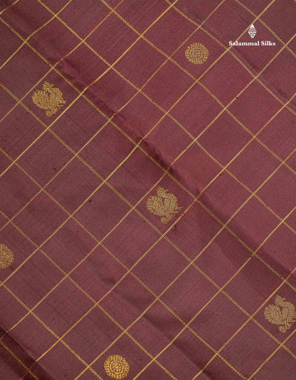Pure Kanjivaram Silk Saree - Dark Maroon Colour Body Checks With Traditional Butta & Blouse