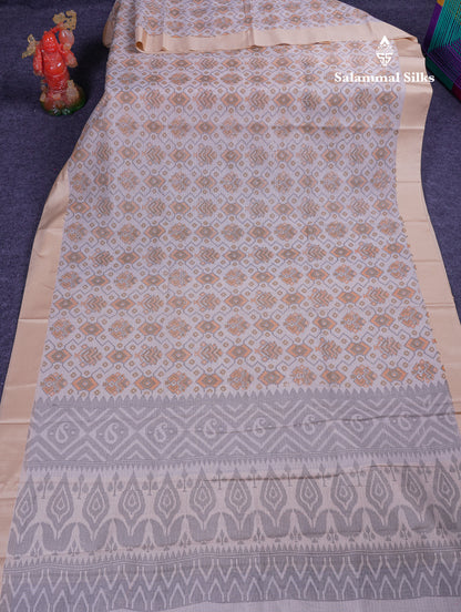 Beautiful Light Blue Kota Cotton Fancy Saree With Contrast Cream Sandal Border