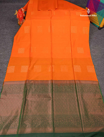 SICO Cotton Saree - Mango Yellow Colour Body Zari Butta With Contrast Bottle Green Blouse