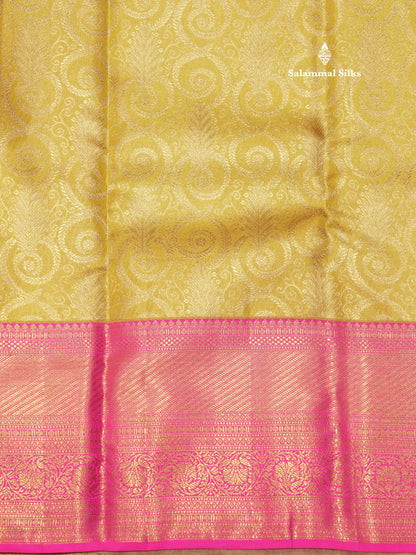 Gold Colour Pure Kanjivaram Tissue Silk Saree With Contrast Pink Border