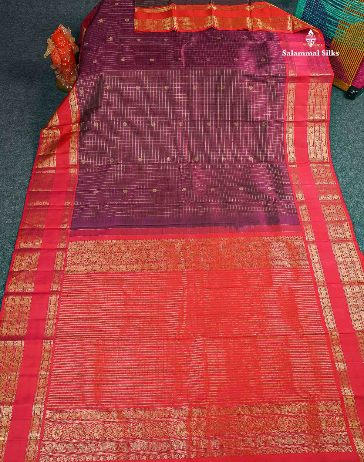 Pure Kanjivaram Silk Saree - Magenta Colour Body Checks With Butta & Contrast Pinkish Red Traditional Gap Border