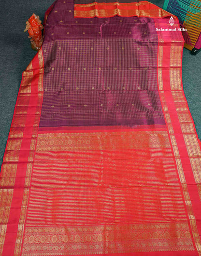 Pure Kanjivaram Silk Saree - Magenta Colour Body Checks With Butta & Contrast Pinkish Red Traditional Gap Border