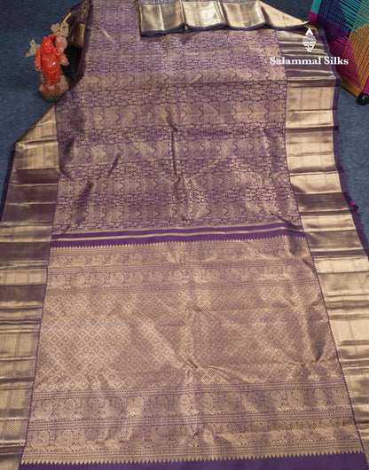 Dark Purple Pure Kanjivaram Silk Saree Pure Zari with Traditional Long Border