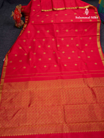 Beautiful Chilly Red Peacock & Chakaram Butta Pure Kanjivaram Silk Saree With Small Traditional Border