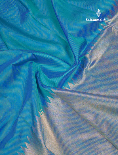 Beautiful Dual Tone Peacock Blue 8 Kol Pure Kanjivaram Silk Saree With Traditional Tissue Raising Border