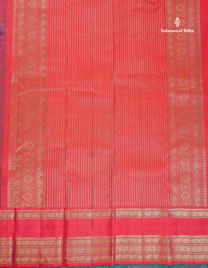 Pure Kanjivaram Silk Saree - Magenta Colour Body Checks With Butta & Contrast Pinkish Red Traditional Gap Border