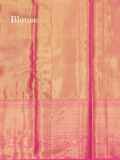 Gold Colour Pure Kanjivaram Tissue Silk Saree With Contrast Pink Border