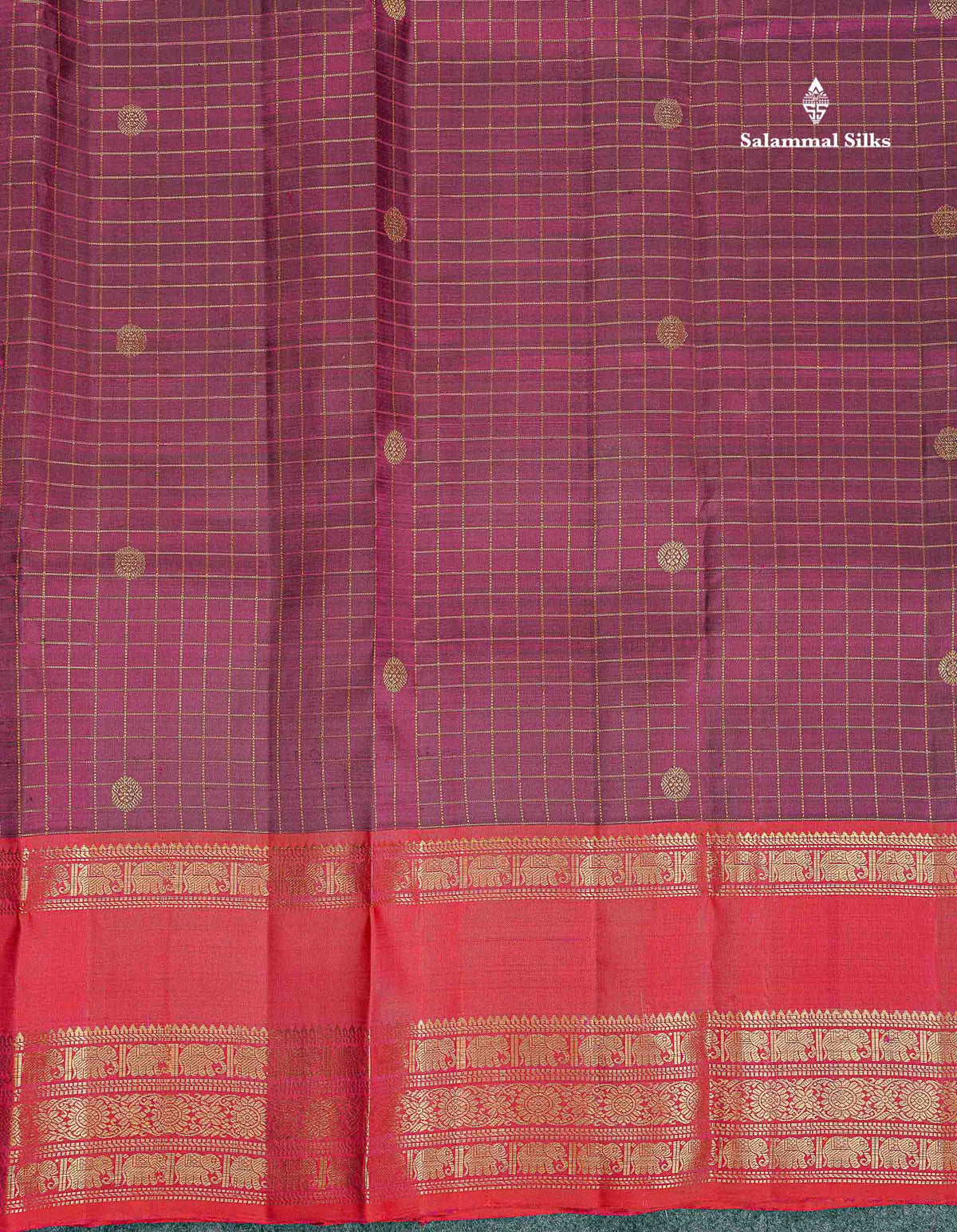 Pure Kanjivaram Silk Saree - Magenta Colour Body Checks With Butta & Contrast Pinkish Red Traditional Gap Border