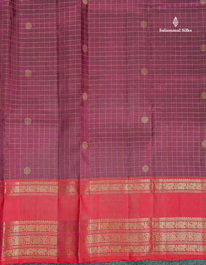 Pure Kanjivaram Silk Saree - Magenta Colour Body Checks With Butta & Contrast Pinkish Red Traditional Gap Border