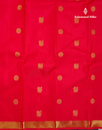 Beautiful Chilly Red Peacock & Chakaram Butta Pure Kanjivaram Silk Saree With Small Traditional Border