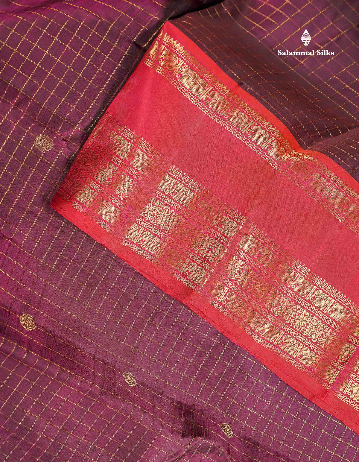 Pure Kanjivaram Silk Saree - Magenta Colour Body Checks With Butta & Contrast Pinkish Red Traditional Gap Border